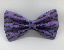 Load image into Gallery viewer, Koa's Ruff Life, Halloween black bats on purple cotton fabric bow tie for dogs