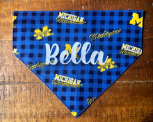 Load image into Gallery viewer, Koa's Ruff Life, Michigan Wolverines checkered flannel dog bandana personalized with your pup's name