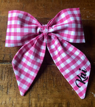 Load image into Gallery viewer, Koa's Ruff Life,  the pink checker personalized sailor bow for dogs. Comes in purple, green, orange or pink. Sizes range from small, medium, or large.