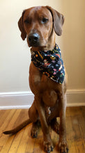 Load image into Gallery viewer, Koa's Ruff Life, Koa in a black large Mele Kalikimaka Hawaiian Christmas bandana for dogs. Personalized with your pup's name