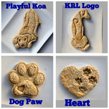 Load image into Gallery viewer, Koa's Ruff Life, dog cookies, playful Koa, KRL logo, dog paw or heart variations may be ordered in peanut butter, pumpkin or cheese