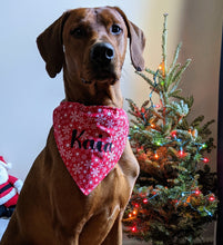 Load image into Gallery viewer, Koa's Ruff Life, Koa in a large red snowflake bandana for dogs personalized with your pup's name