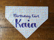 Load image into Gallery viewer, Koa's Ruff Life,  large sprinkle birthday girl bandana personalized with your pup's name