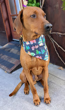 Load image into Gallery viewer, Koa's Ruff Life, Koa in a large Christmas tractor parade bandana for dogs personalized with your pup's name.