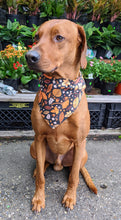 Load image into Gallery viewer, Koa's Ruff Life, Koa in a large Autumn leaves at midnight bandana for dogs personalized with your pups name