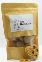 Load image into Gallery viewer, Koa's Ruff Life, dog heart paw cookie, organic human ingredients, gluten free, no preservatives. Flavors: peanut butter, cheese, and pumpkin.