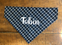 Load image into Gallery viewer, Koa's Ruff Life,  the blue/grey plaid bandana for dogs. Personalized with your pup's name