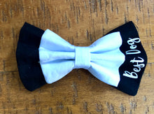 Load image into Gallery viewer, Koa's Ruff Life, the wedding "best dog" bow tie. This bow tie has the classic tuxedo look. Also may be personalized with "dog of honor" or your pup's name.
