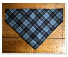 Load image into Gallery viewer, Koa's Ruff Life, blue/black plaid bandana personalized with your pup's name.