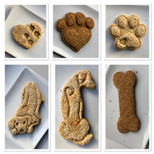 Load image into Gallery viewer, Koa's Ruff Life, dog gift box items: peanut butter cookies, granola ball, banana carob chips, and dog cookies cut outs into paws and heart combiniation. Flavors avaialable: peanut butter, pumpkin, cheese.
