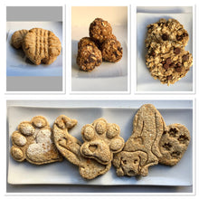 Load image into Gallery viewer, Koa's Ruff Life, dog gift box items: peanut butter cookies, granola ball, banana carob chips, and dog cookies cut outs into paws and heart combiniation. Flavors avaialable: peanut butter, pumpkin, cheese.