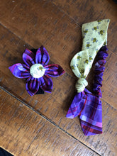 Load image into Gallery viewer, Koa's Ruff Life, the purple plaid flower for dog collar with matching bow headband for humans. This acessory is perfect for spring!