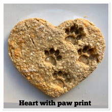 Load image into Gallery viewer, Koa's Ruff Life, dog heart paw cookie, organic human ingredients, gluten free, no preservatives. Flavors: peanut butter, cheese, and pumpkin.