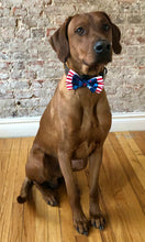 Load image into Gallery viewer, Koa's Ruff Life, Koa in the "proud to ba an American" themed bow tie, large . Your pup will be strutting in the American flag designed bow tie. Great for the summer, memorial day, july 4th bbq picnic, veteran's day.