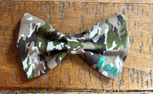 Load image into Gallery viewer, Koa's Ruff Life, the camouflage military bow tie. Personalized in green with your pup's name. Perfect for Memorial Day, July 4th, Veteran's day, or a summer BBQ cook out or picnic!