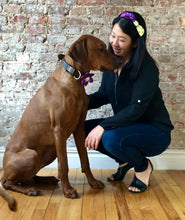 Load image into Gallery viewer, Koa's Ruff Life, Koa in the purple plaid flower for dog collar. Andy in the matching bow headband. This acessory is perfect for spring!