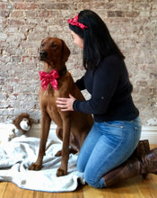 Load image into Gallery viewer, Koa's Ruff Life, Koa in the red heart swirl sailor bow for dogs. Andy in the matching bow headband.