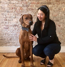 Load image into Gallery viewer, Koa's Ruff Life, Koa in the blue/grey plaid personalized large bow tie for dogs. Andy in the matching side bow headband.