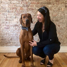 Load image into Gallery viewer, Koa's Ruff Life, Koa in the blue/grey plaid personalized large bow tie for dogs. Andy in the matching side bow headband.
