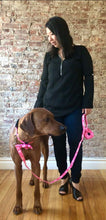 Load image into Gallery viewer, Koa's Ruff Life, Koa in the pink aloha princess collar and large flower for dog collar. Andy holding the matching leash and waste bag holder. Bring the Hawaii inspired dog accessories to your town!