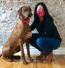 Load image into Gallery viewer, Koa's Ruff Life, the red Hawaiian flower bow tie. Andy in the matching 3D mask. Bring the Aloha spirit to your town!