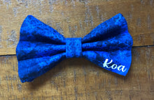 Load image into Gallery viewer, Koa's Ruff Life, the personalized navy cosmo blue large bow tie. Personalized with your pup's name!