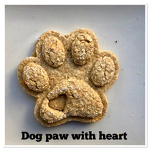 Load image into Gallery viewer, Koa&#39;s Ruff Life, dog paw with heart cookie, organic human ingredients, gluten free, no preservatives. Flavors: peanut butter, cheese, and pumpkin.
