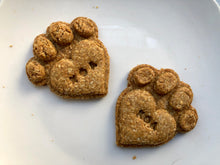 Load image into Gallery viewer, Koa's Ruff Life, personalized dog paw heart cookie, organic human ingredients, gluten free, no preservatives. Flavors: peanut butter, cheese, and pumpkin.