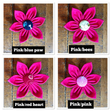 Load image into Gallery viewer, Koa's Ruff Life, pink flower for dog collar with various center (blue paw, bees, red heart, and pink).)