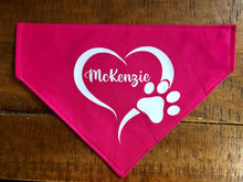 Load image into Gallery viewer, Koa's Ruff Life, perosnalized pink heart paw bandana for dogs.