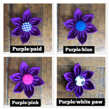 Load image into Gallery viewer, Koa's Ruff Life, purple flower for dog collar. Available cover button in purple plaid, blue, pink or white paw. Perfect accessory for spring.
