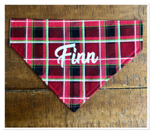 Load image into Gallery viewer, Koa's Ruff Life, Koa in the large red plaid personalized bandana over the collar.