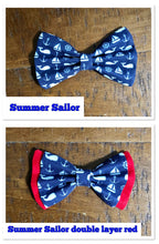 Load image into Gallery viewer, Koa's Ruff Life, Sails away! The "summer sails" bow tie is for the nautical lover featuring whales, sailboat, anchors and wheels. Available in double layer with red.