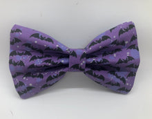 Load image into Gallery viewer, Koa&#39;s Ruff Life, Halloween black bats on purple cotton fabric bow tie for dogs
