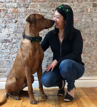 Load image into Gallery viewer, Koa&#39;s Ruff Life, mommy and me collection, Koa in a large luck of the Irish bow tie, Andy in a side bow headband
