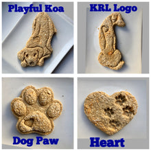 Load image into Gallery viewer, Koa&#39;s Ruff Life, dog cookies, playful Koa, KRL logo, dog paw or heart variations may be ordered in peanut butter, pumpkin or cheese
