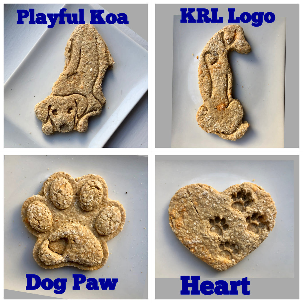 Koa's Ruff Life, dog cookies, playful Koa, KRL logo, dog paw or heart variations may be ordered in peanut butter, pumpkin or cheese