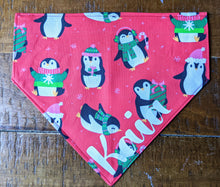 Load image into Gallery viewer, Koa&#39;s Ruff Life, winter penguin red dog bandana personalized with your pup&#39;s name
