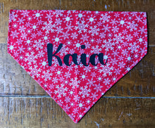 Load image into Gallery viewer, Koa&#39;s Ruff Life, large red snowflake bandana for dogs personalized with your pup&#39;s name
