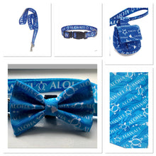 Load image into Gallery viewer, Koa&#39;s Ruff Life, the blue aloha honu collection: bow tie, leash, collar, waste bag holder. Bring the spirit of Hawaii to your town!
