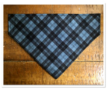Load image into Gallery viewer, Koa&#39;s Ruff Life, blue/black plaid bandana personalized with your pup&#39;s name.
