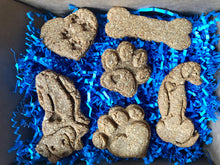 Load image into Gallery viewer, Koa&#39;s Ruff Life, dog cookies (heart with paw prints, paw print, heart paw, bone, KRL logo and playful Koa). Flavors: peanut butter, pumpkin, and cheese.
