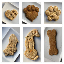 Load image into Gallery viewer, Koa&#39;s Ruff Life, dog gift box items: peanut butter cookies, granola ball, banana carob chips, and dog cookies cut outs into paws and heart combiniation. Flavors avaialable: peanut butter, pumpkin, cheese.
