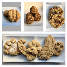 Load image into Gallery viewer, Koa&#39;s Ruff Life, dog gift box items: peanut butter cookies, granola ball, banana carob chips, and dog cookies cut outs into paws and heart combiniation. Flavors avaialable: peanut butter, pumpkin, cheese.
