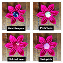 Load image into Gallery viewer, Koa&#39;s Ruff Life, pink flower for dog collar with various center (blue paw, bees, red heart, and pink).)
