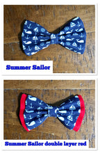 Load image into Gallery viewer, Koa&#39;s Ruff Life, Sails away! The &quot;summer sails&quot; bow tie is for the nautical lover featuring whales, sailboat, anchors and wheels. Available in double layer with red.
